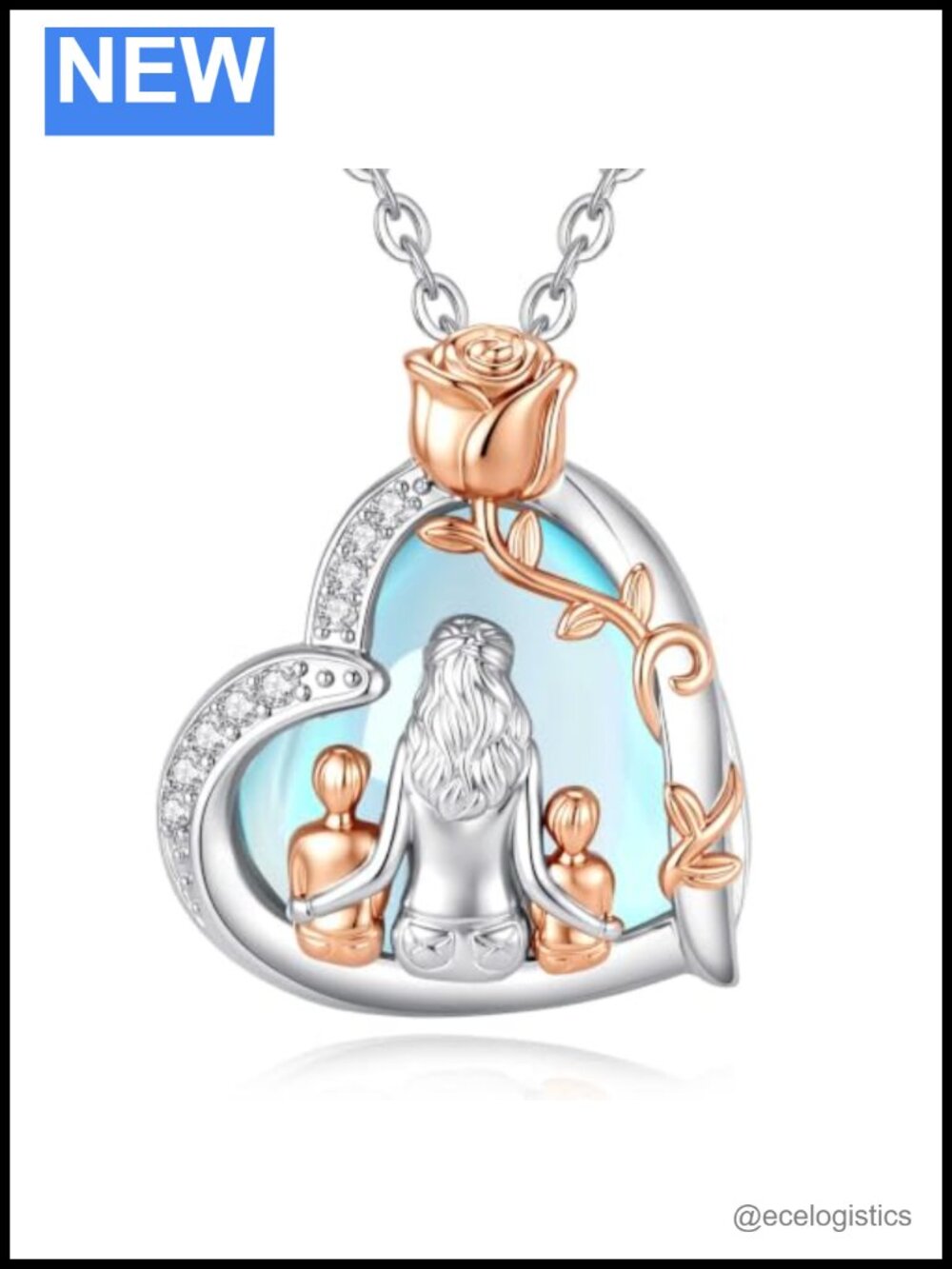 Rhodium-Plated Copper Heart Pendant Necklace with Moonstone and Cubic Zirconia,